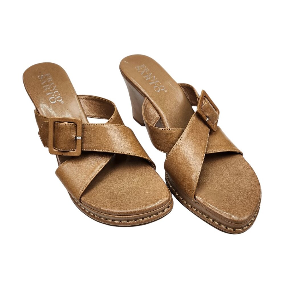 Franco Sarto womens 9M tan wedge slip on mule buckle open toe leather